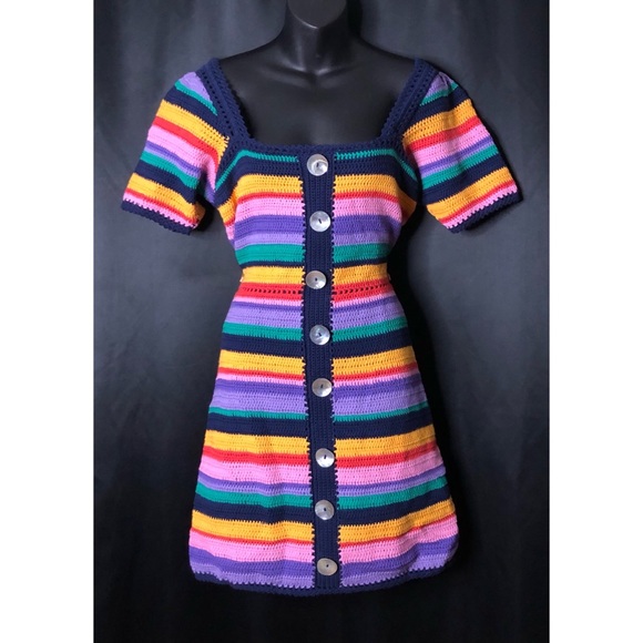 Anthropologie x Farm Rio Renata Rainbow Crochet Mini Dress $218 Medium - Picture 10 of 13